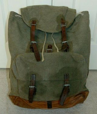 Vintage Swiss Army Military Leather Trim Salt & Pepper Backpack 1958