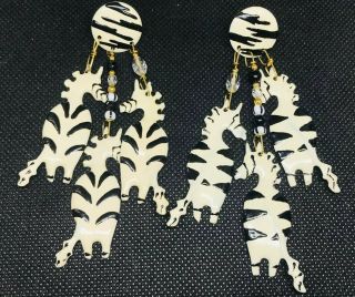 Vintage Lunch At The Ritz Enamel Zebra Crystal Gold Tone Earrings Rare