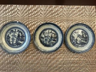 1850s Chinese Porcelain Export Canton Small Set 3 Plates 5.  5 Inch Blue And White