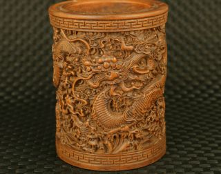 Unique Asian Old Boxwood Dragon Statue Brush Pot / Vase Decoration Gift