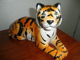 Attic Find Large Porcelain Ceramic Spotted Orange Tiger Big Cat Statue Figurine