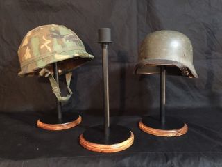 Helmet Stand - Military - German,  Us,  Wwi,  Ii Bfc - I - C,  Black With Wood Trim Finish