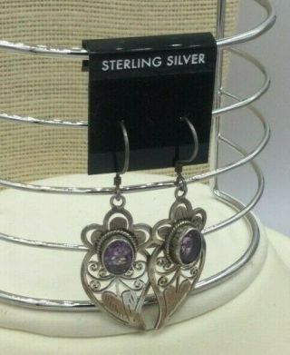 Vintage Sterling Earrings 925 Amethyst Gemstone Bali Chasework Pierced Drop