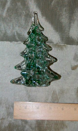 Vintage Solid Clear Lead Glass Christmas Tree With Green Ribbons 6 1/4 "