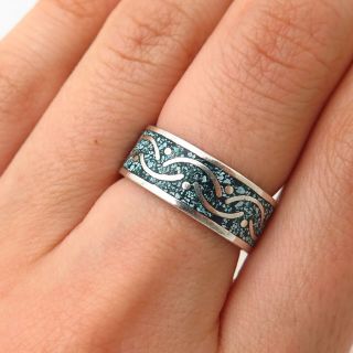 925 Sterling Silver Vintage Mexico Turquoise Inlay Ornate Band Ring Size 6.  5