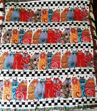 Laurel Burch Afghan Feline Family Throw Blanket Woven Tapestry Multicolor Cats