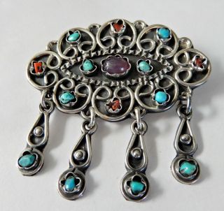 Vintage Taxco Sterling Silver Turquoise Amethyst & Coral Brooch Pendant H771