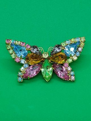 Vintage Gold Tone Multi Color Rhinestone Butterfly Brooch Pin Jewelry
