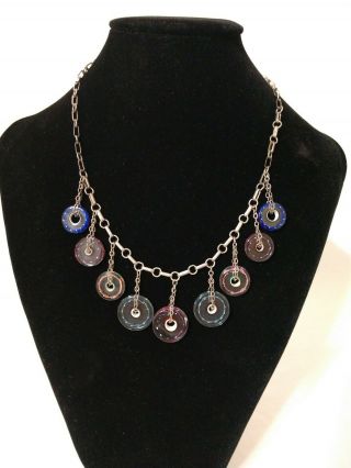 Vtg Sterling Silver Studio Artisan Glass Disc Beads Bib Necklace