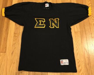 Vintage Sigma Nu Fraternity Shirt Black Yellow Size Large Clamage
