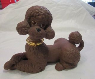 Vintage " Atlantic Mold " Brown Ceramic Sitting Poodle Figurine W/ Gold Collar