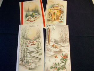 4 Vintage Snow Scenes Christmas Cards W/ Envelopes