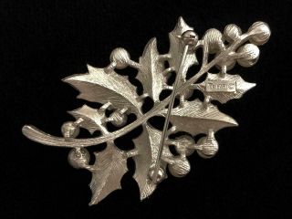 Vintage TRIFARI Christmas Holly Leaf Silver Tone Brooch Pin w/ Faux Pearls 3