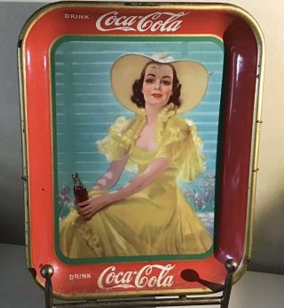 Vintage Metal Coca - Cola Tray 1938 Lady In Yellow Dress & Hat Bradshaw Crandell