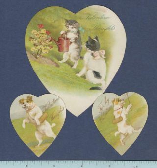 Vintage Die Cut Valentine Hearts: Cats And Dogs Enjoy The Outdoors