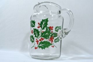 Vintage Anchor Hocking Christmas Holly Berry Glass Pitcher Green Red