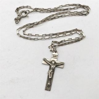 Vintage Solid Sterling Silver Inri Religious Cross Ladies Pendant And Necklace