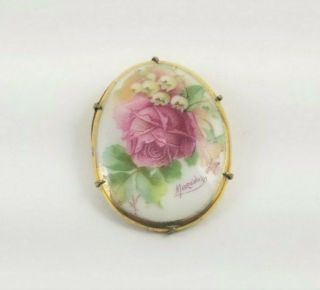 Antique Painted Porcelain Floral Brooch Rose Lily Of The Valley Signed Mezieres