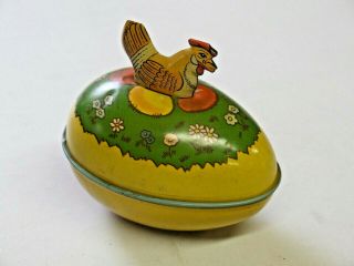 Vintage J.  Chein & Co.  Tin Litho Easter Egg With Hen On Top Candy Holder