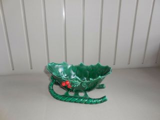 Vintage Lefton Green Christmas Sleigh Holly Berry Candy Dish