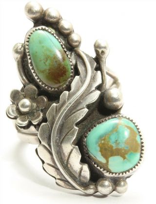 Vintage Navajo Sterling Silver Old Pawn Green Turquoise Floral Blossom Ring Sz7