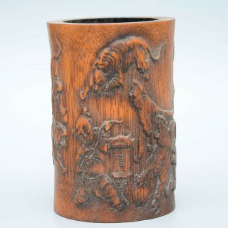 Collectable China Boxwood Handwork Carving Children Tiger Unique Noble Brush Pot