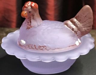 Mosser Glass Alexandrite Satin Hen On Nest Chicken Salt Dish Handpainted Eggs 01