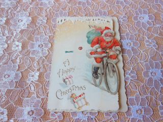 Victorian Christmas Card/father Christmas On A Bicycle/ernest Nister