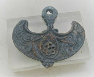 Ancient Viking Bronze Lunar Pendant With Ravens Circa 900 - 1100ad Wearable