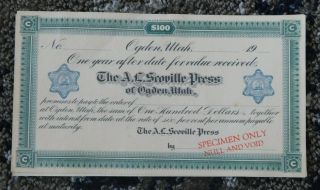 Vintage The A L Scoville Press Of Ogden Utah $100 Share Stock Certificate