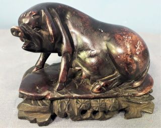 Vintage Chinese Fine Quality Soapstone Pig Carving,  On A Wooden Base