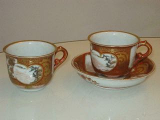 2 Stunning Antique Japanese Kutani Porcelain Cups & Saucer