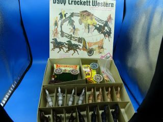 Awesome Vintage Davy Crockett Western Play Set Tin Litho Wagons W/ Box
