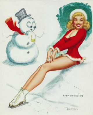 1950s Pin Up Girl Lithograph By Thompson Easy On The Ice 320