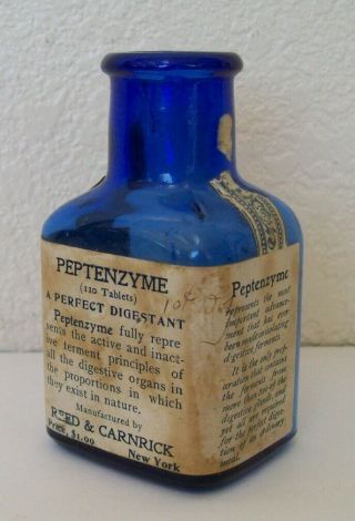 Vintage Labeled Cobalt Reed & Carnrick Peptenzyme Digestant Medicine Bottle