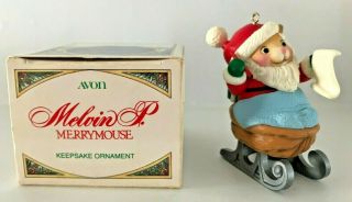 Avon Christmas Tree Ornament Melvin P Merrymouse Santa Mouse In Sleigh Vtg 1983
