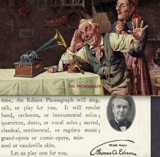 Thomas Edison Cylinder Phonograph C.  1910 Old Victorian Advertising Trade Card