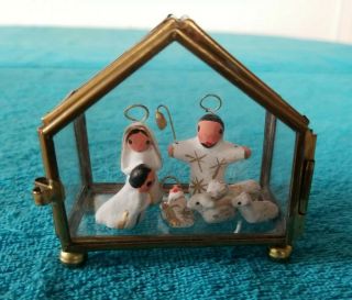 Vintage Miniature 7 Piece Nativity Set Ceramic Handmade Painted W Glass Box Euc