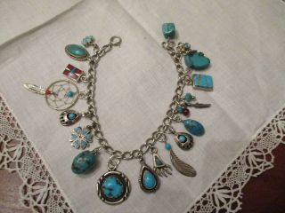 Vintage Native American Sterling Silver Turquoise Charm Bracelet 7 1/4 " Wt 31gms