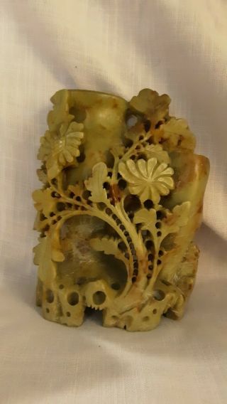 Antique Hand Carved Chinese Soapstone Stone Ornate Vase Sculpture Statue
