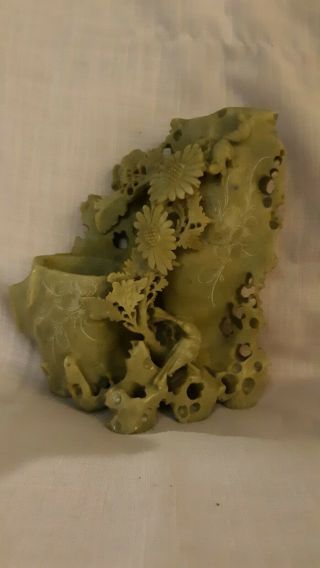 Antique Hand Carved Chinese Soapstone Stone Ornate Vase Bird Sculpture Statue