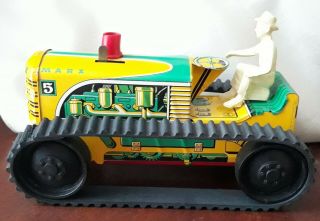 Vintage Marx Toys Tin Litho Wind Up 5 Bulldozer Sparkling Climbing Tractor