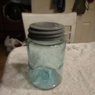 Vintage Pint Aqua Blue Unmarked Mason Canning Jar W Zinc Lid Bubbles Wavy Lines