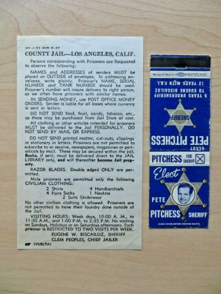 Los Angeles Sheriff 1937 Corresponding W/ Prisoners Handout & Pitchess Match Cov