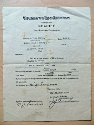 Los Angeles County Sheriff Wm Traeger Official 1929 Release Of Vehicle Letter