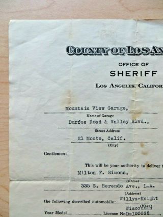 LOS ANGELES COUNTY SHERIFF WM TRAEGER OFFICIAL 1929 RELEASE OF VEHICLE LETTER 2