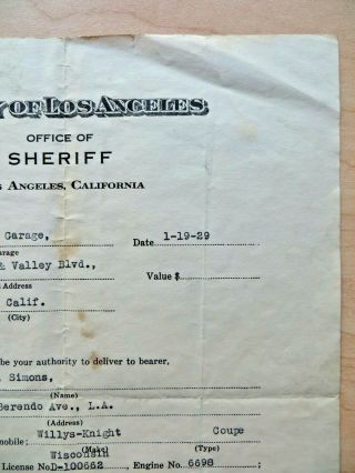 LOS ANGELES COUNTY SHERIFF WM TRAEGER OFFICIAL 1929 RELEASE OF VEHICLE LETTER 3