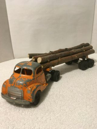 Vintage Hubley Logging Truck Kiddie Toy 505 Die Cast Tractor Trailer Orange