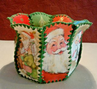 Vintage Christmas Card Bowl Handmade Crochet Paper Craft Santa Claus Red Green