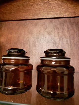 2 Dark Amber Brown Glass Apothecary Canister Spice Jar Starburst Lid Depression